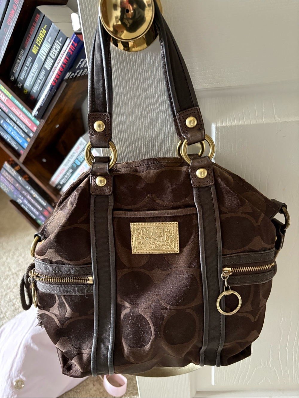 Coach Brown Signature Canvas Shoulder Bag with Gold Hardware